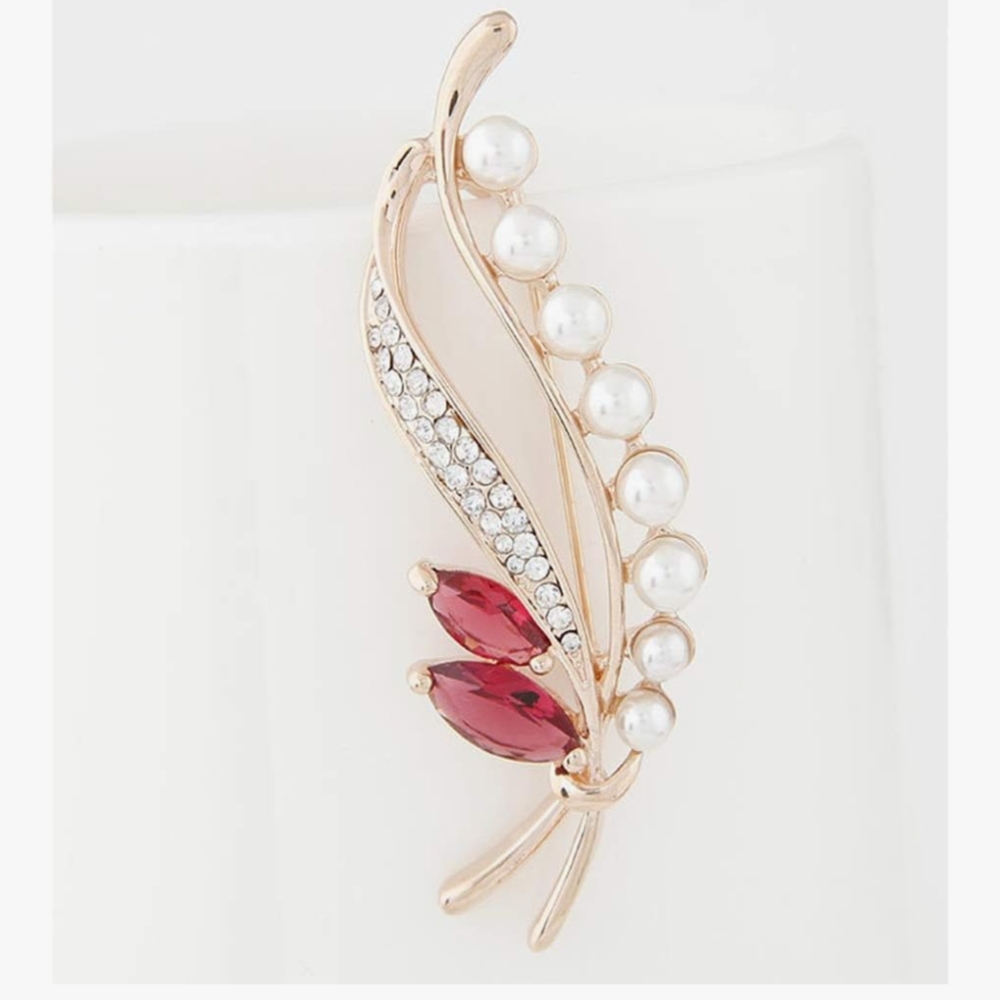 Elegant Gold and Red Leaf Pearl Brooch